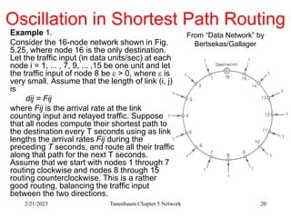 2/21/2023 Tanenbaum Chapter 5 Network 20
Oscillation in Shortest Path Routing
Example 1.
Consider the 16-node network shown in Fig.
5.25, where node 16 is the only destination.
Let the traffic input (in data units/sec) at each
node i = 1, ... , 7, 9, ... ,15 be one unit and let
the traffic input of node 8 be  > 0, where  is
very small. Assume that the length of link (i, j)
is
dij = Fij
where Fij is the arrival rate at the link
counting input and relayed traffic. Suppose
that all nodes compute their shortest path to
the destination every T seconds using as link
lengths the arrival rates Fij during the
preceding T seconds, and route all their traffic
along that path for the next T seconds.
Assume that we start with nodes 1 through 7
routing clockwise and nodes 8 through 15
routing counterclockwise. This is a rather
good routing, balancing the traffic input
between the two directions.
From “Data Network” by
Bertsekas/Gallager
 