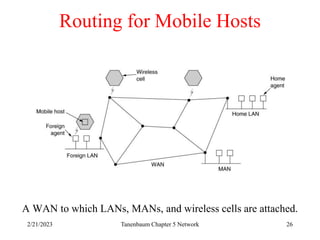 2/21/2023 Tanenbaum Chapter 5 Network 26
Routing for Mobile Hosts
A WAN to which LANs, MANs, and wireless cells are attached.
 