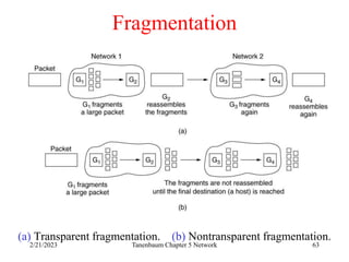 2/21/2023 Tanenbaum Chapter 5 Network 63
Fragmentation
(a) Transparent fragmentation. (b) Nontransparent fragmentation.
 