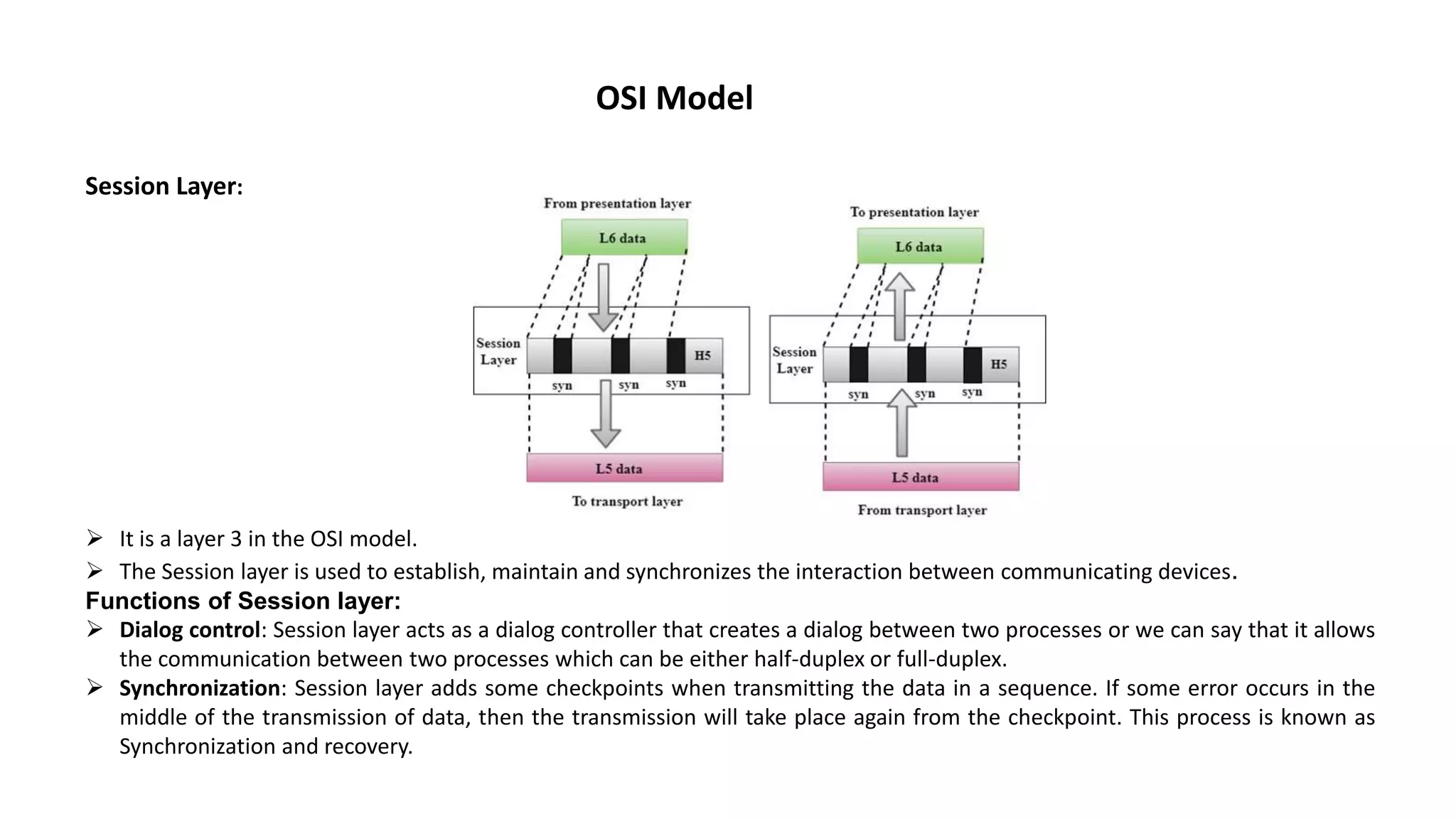 OSI Model Session Layer:  It is a layer 3 in the OSI model.  The Session layer is used to establish, maintain and synchronizes the interaction between communicating devices. Functions of Session layer:  Dialog control: Session layer acts as a dialog controller that creates a dialog between two processes or we can say that it allows the communication between two processes which can be either half-duplex or full-duplex.  Synchronization: Session layer adds some checkpoints when transmitting the data in a sequence. If some error occurs in the middle of the transmission of data, then the transmission will take place again from the checkpoint. This process is known as Synchronization and recovery. 