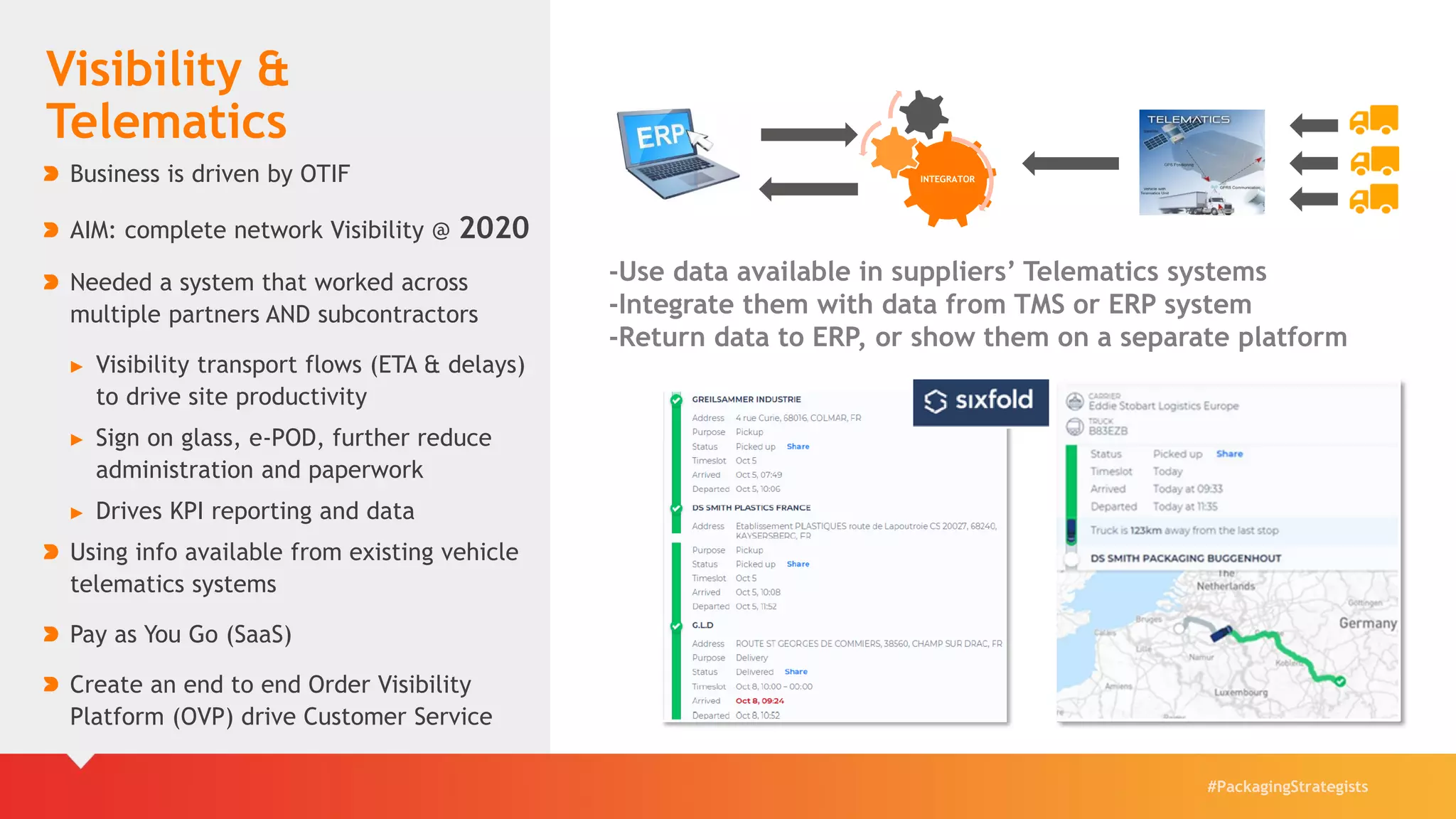 #PackagingStrategists
Visibility &
Telematics
Business is driven by OTIF
AIM: complete network Visibility @ 2020
Needed a system that worked across
multiple partners AND subcontractors
► Visibility transport flows (ETA & delays)
to drive site productivity
► Sign on glass, e-POD, further reduce
administration and paperwork
► Drives KPI reporting and data
Using info available from existing vehicle
telematics systems
Pay as You Go (SaaS)
Create an end to end Order Visibility
Platform (OVP) drive Customer Service
-Use data available in suppliers’ Telematics systems
-Integrate them with data from TMS or ERP system
-Return data to ERP, or show them on a separate platform
INTEGRATOR
 