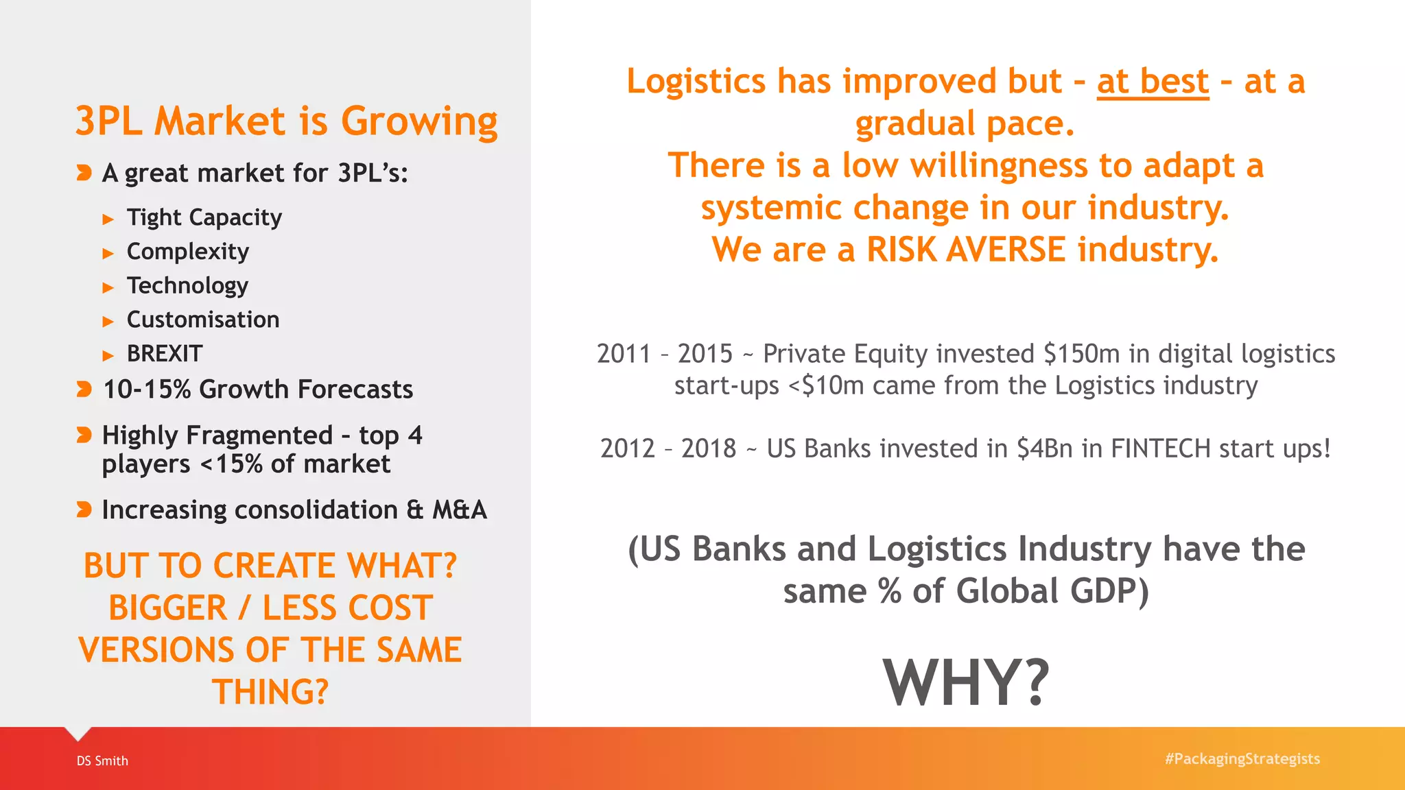 #PackagingStrategistsDS Smith
3PL Market is Growing
A great market for 3PL’s:
► Tight Capacity
► Complexity
► Technology
► Customisation
► BREXIT
10-15% Growth Forecasts
Highly Fragmented – top 4
players <15% of market
Increasing consolidation & M&A
BUT TO CREATE WHAT?
BIGGER / LESS COST
VERSIONS OF THE SAME
THING?
Logistics has improved but – at best – at a
gradual pace.
There is a low willingness to adapt a
systemic change in our industry.
We are a RISK AVERSE industry.
2011 – 2015 ~ Private Equity invested $150m in digital logistics
start-ups <$10m came from the Logistics industry
2012 – 2018 ~ US Banks invested in $4Bn in FINTECH start ups!
(US Banks and Logistics Industry have the
same % of Global GDP)
WHY?
 