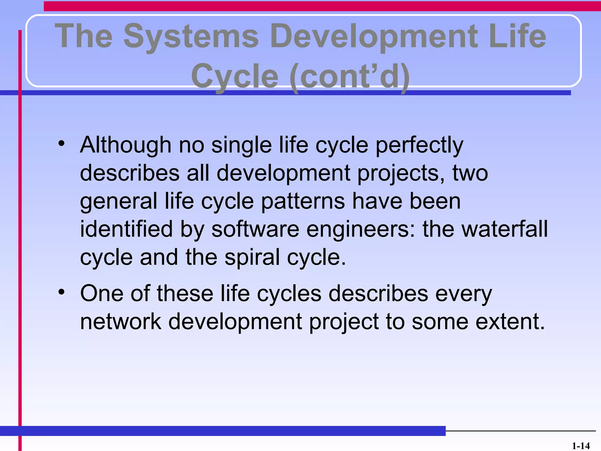 The Systems Development Life
        Cycle (cont’d)
• Although no single life cycle perfectly
  describes all development projects, two
  general life cycle patterns have been
  identified by software engineers: the waterfall
  cycle and the spiral cycle.
• One of these life cycles describes every
  network development project to some extent.




                                                    1-14
 
