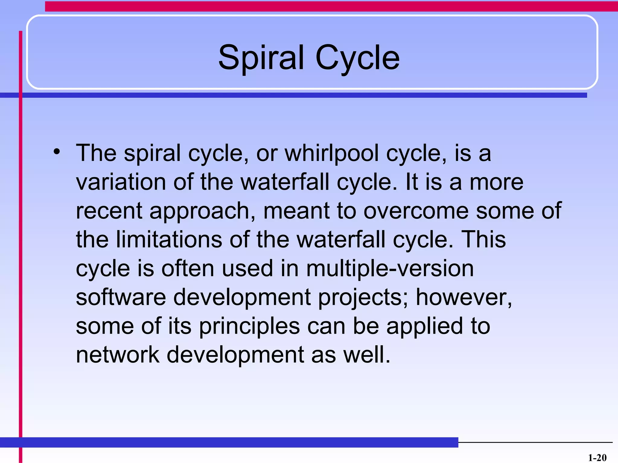Spiral Cycle

• The spiral cycle, or whirlpool cycle, is a
  variation of the waterfall cycle. It is a more
  recent approach, meant to overcome some of
  the limitations of the waterfall cycle. This
  cycle is often used in multiple-version
  software development projects; however,
  some of its principles can be applied to
  network development as well.



                                                   1-20
 