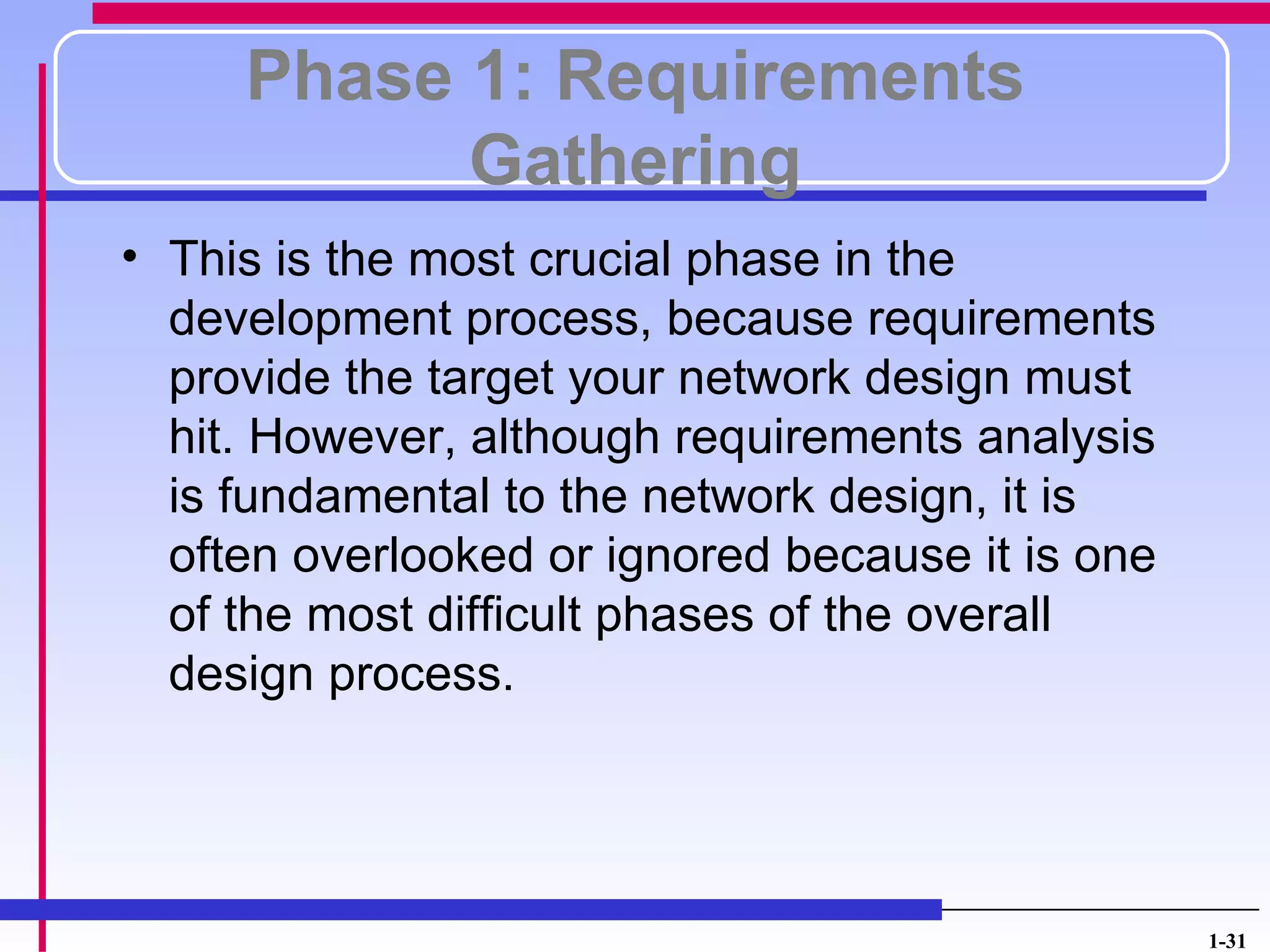 Phase 1: Requirements
           Gathering
• This is the most crucial phase in the
  development process, because requirements
  provide the target your network design must
  hit. However, although requirements analysis
  is fundamental to the network design, it is
  often overlooked or ignored because it is one
  of the most difficult phases of the overall
  design process.




                                                  1-31
 