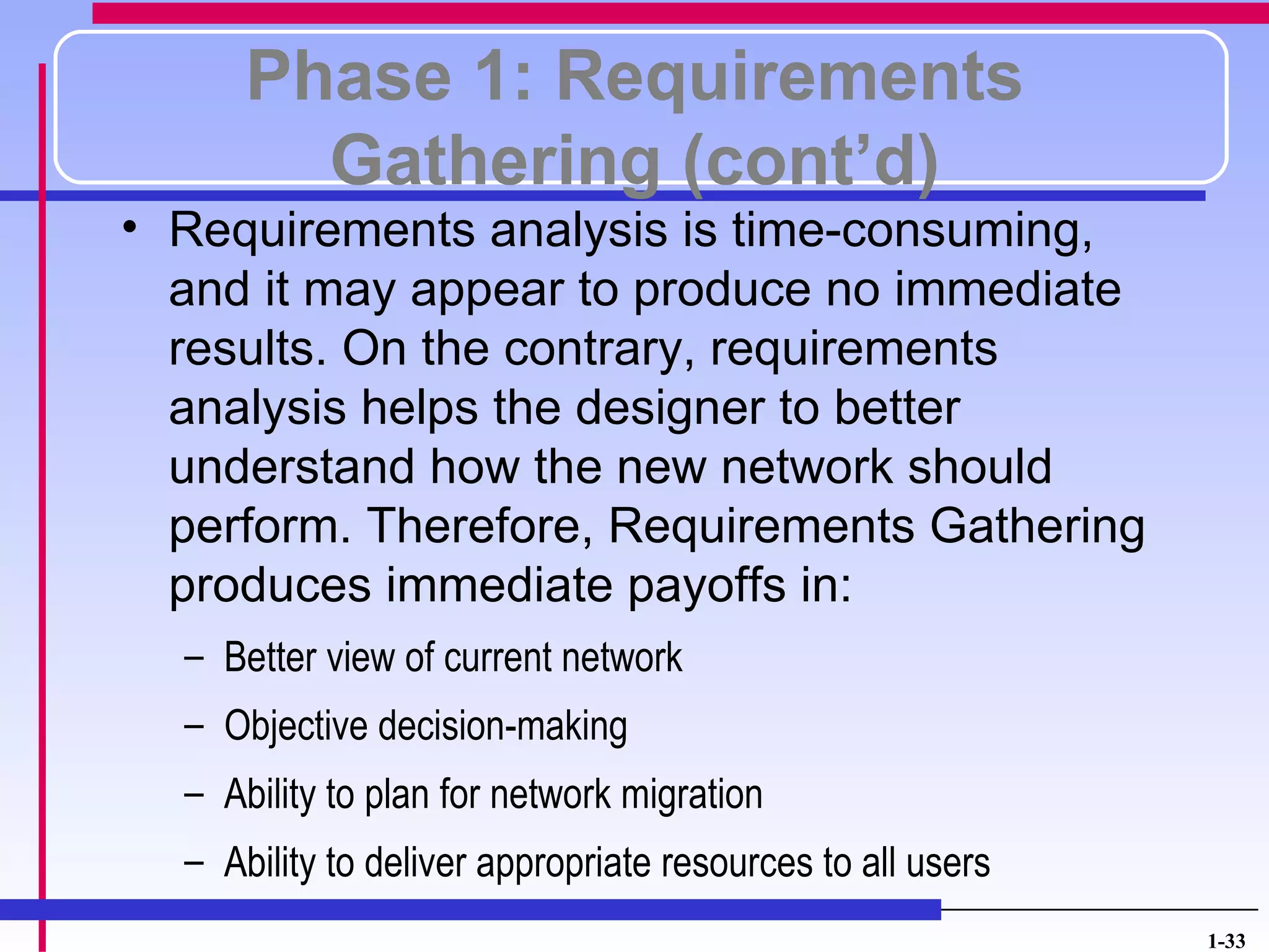Phase 1: Requirements
        Gathering (cont’d)
• Requirements analysis is time-consuming,
  and it may appear to produce no immediate
  results. On the contrary, requirements
  analysis helps the designer to better
  understand how the new network should
  perform. Therefore, Requirements Gathering
  produces immediate payoffs in:
  – Better view of current network
  – Objective decision-making
  – Ability to plan for network migration
  – Ability to deliver appropriate resources to all users
                                                            1-33
 