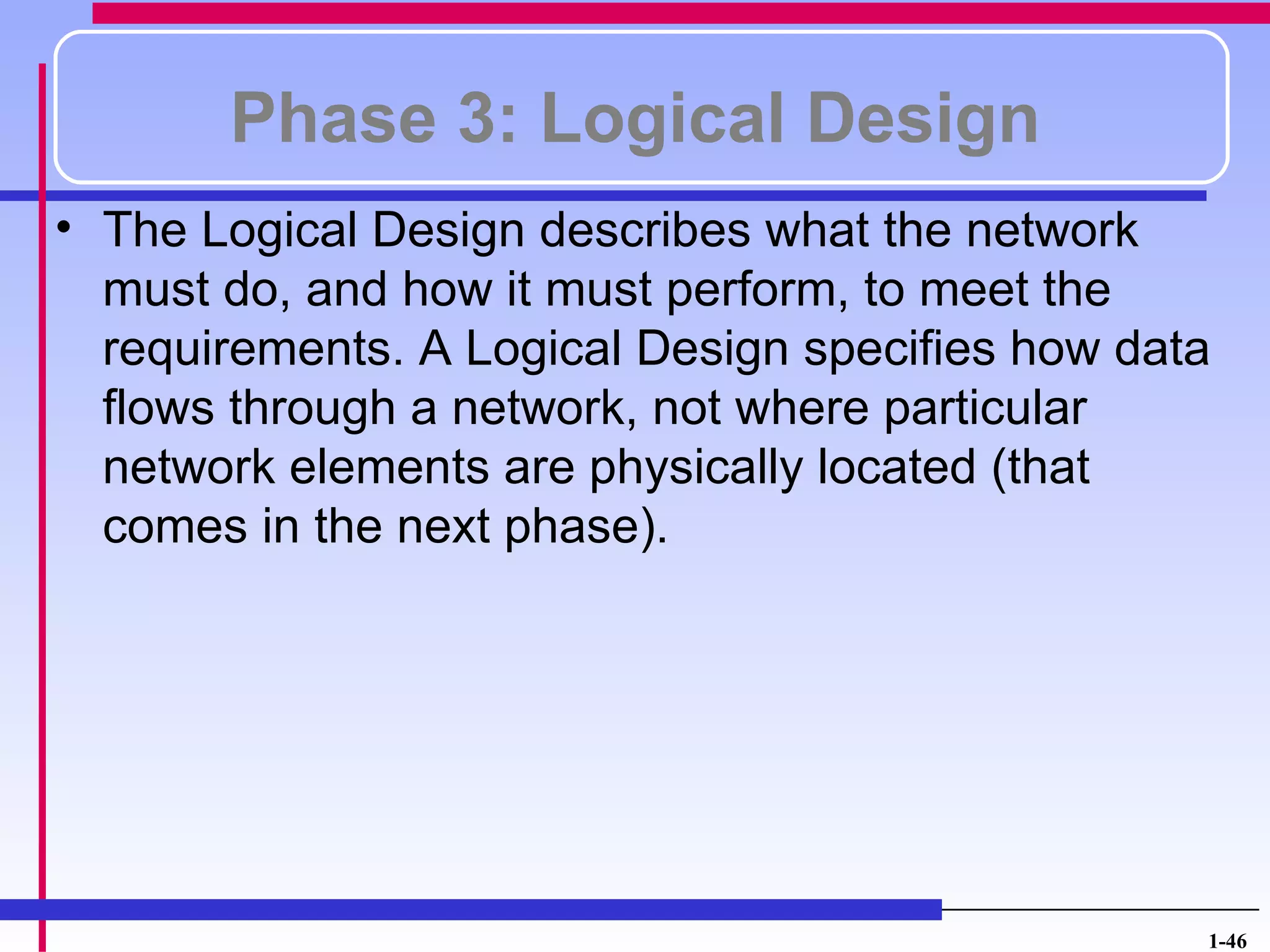 Phase 3: Logical Design
• The Logical Design describes what the network
  must do, and how it must perform, to meet the
  requirements. A Logical Design specifies how data
  flows through a network, not where particular
  network elements are physically located (that
  comes in the next phase).




                                                  1-46
 