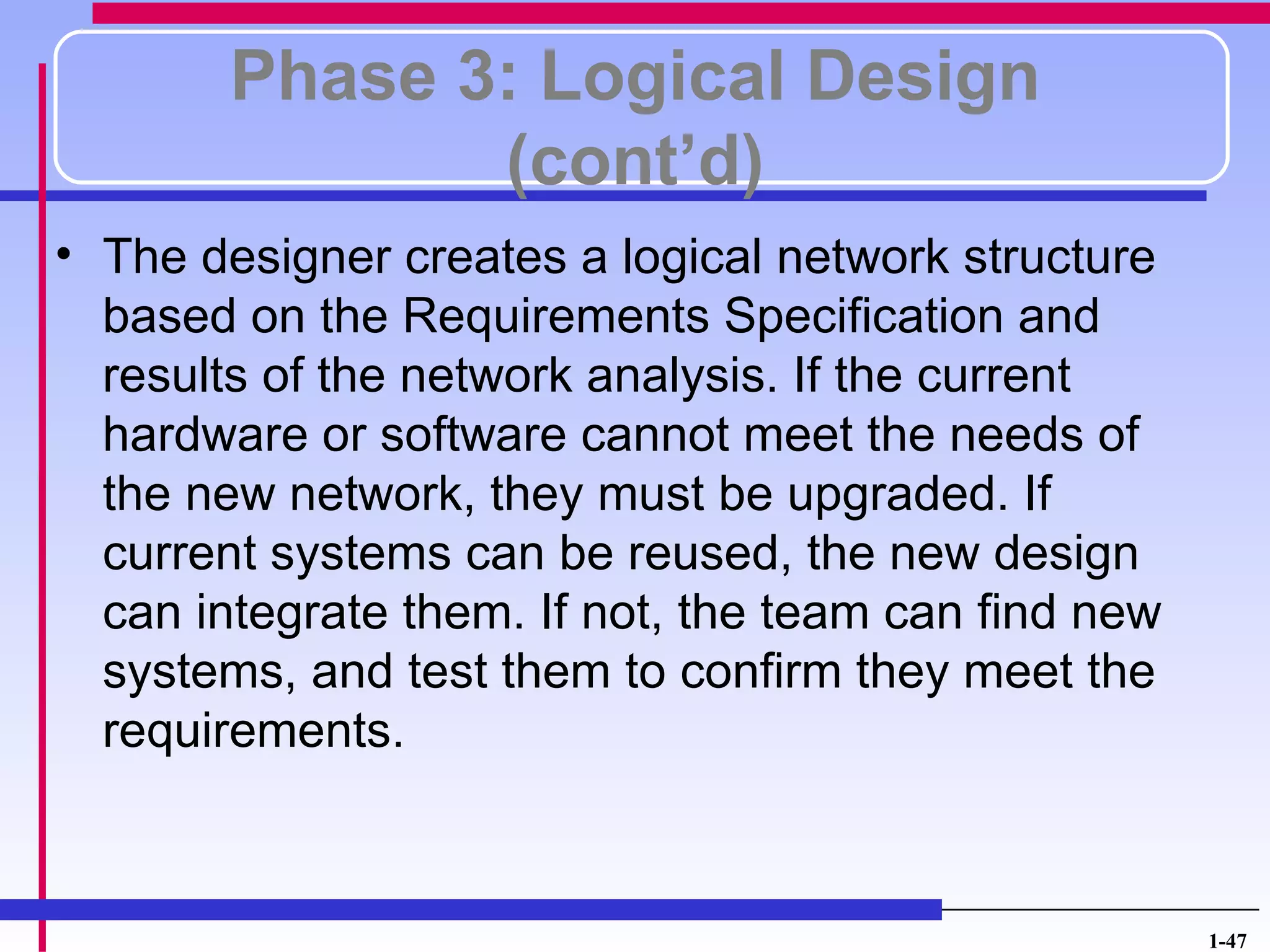 Phase 3: Logical Design
               (cont’d)
• The designer creates a logical network structure
  based on the Requirements Specification and
  results of the network analysis. If the current
  hardware or software cannot meet the needs of
  the new network, they must be upgraded. If
  current systems can be reused, the new design
  can integrate them. If not, the team can find new
  systems, and test them to confirm they meet the
  requirements.



                                                      1-47
 