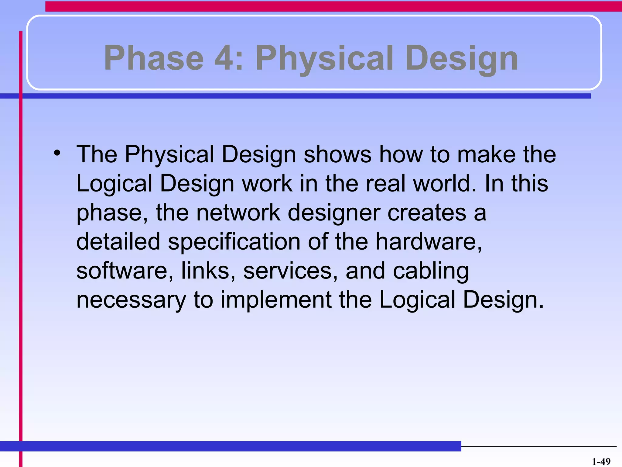 Phase 4: Physical Design

• The Physical Design shows how to make the
  Logical Design work in the real world. In this
  phase, the network designer creates a
  detailed specification of the hardware,
  software, links, services, and cabling
  necessary to implement the Logical Design.




                                                   1-49
 