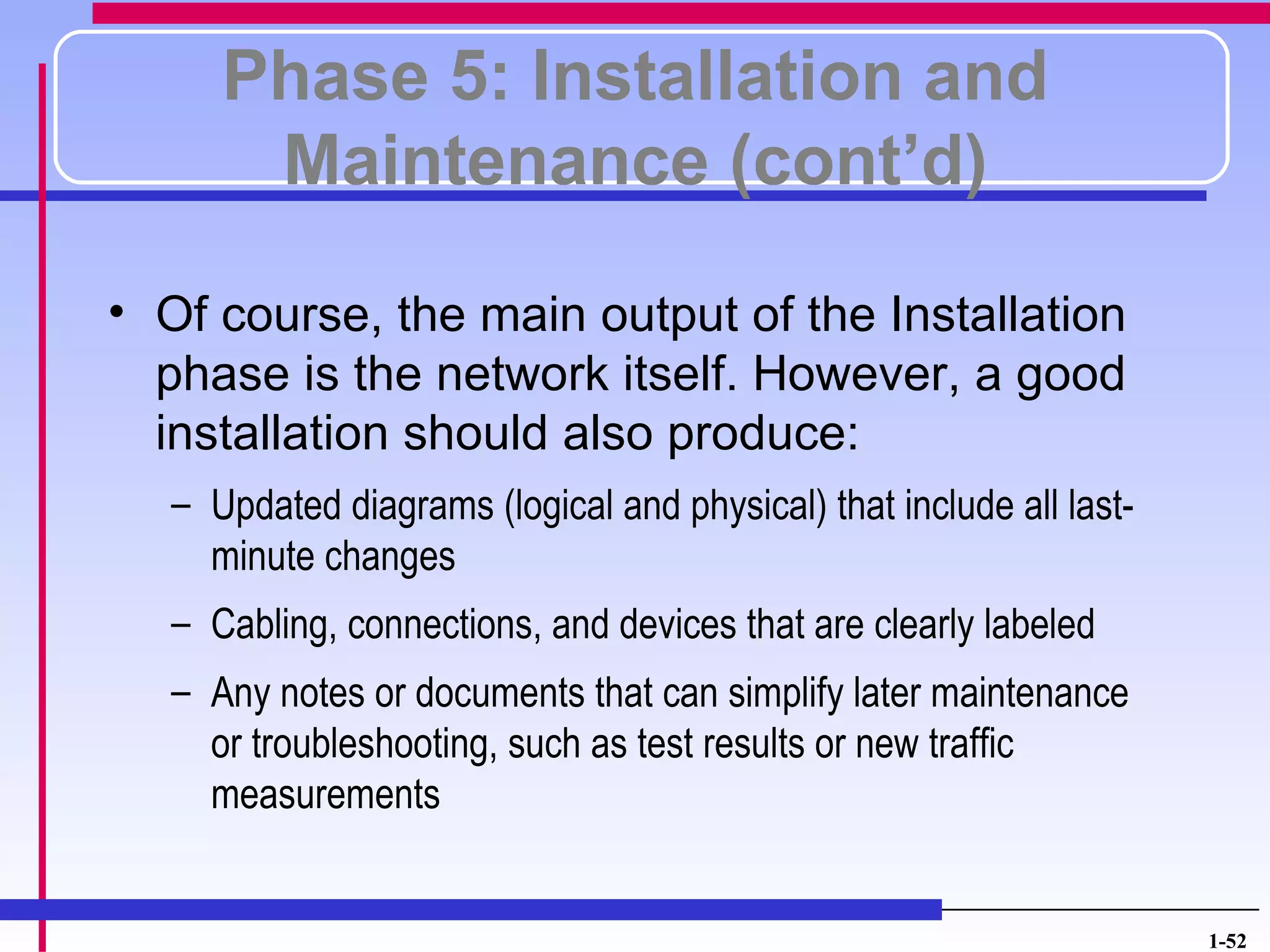 Phase 5: Installation and
      Maintenance (cont’d)

• Of course, the main output of the Installation
  phase is the network itself. However, a good
  installation should also produce:
  – Updated diagrams (logical and physical) that include all last-
    minute changes
  – Cabling, connections, and devices that are clearly labeled
  – Any notes or documents that can simplify later maintenance
    or troubleshooting, such as test results or new traffic
    measurements


                                                                     1-52
 