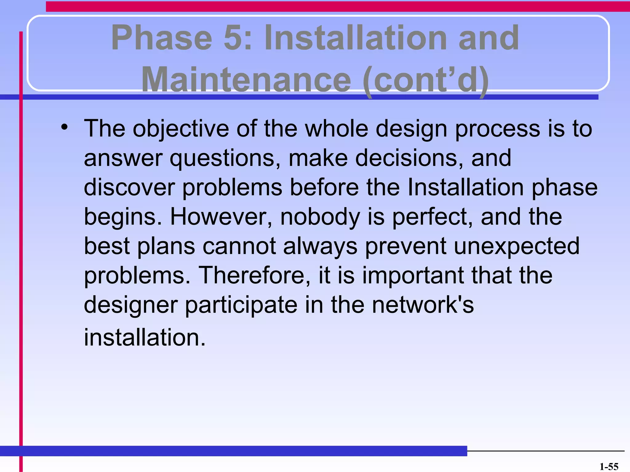 Phase 5: Installation and
     Maintenance (cont’d)
• The objective of the whole design process is to
  answer questions, make decisions, and
  discover problems before the Installation phase
  begins. However, nobody is perfect, and the
  best plans cannot always prevent unexpected
  problems. Therefore, it is important that the
  designer participate in the network's
  installation.




                                                    1-55
 