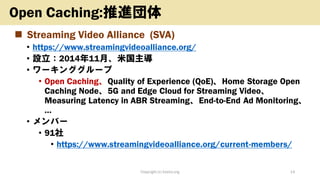 ◼ Streaming Video Alliance (SVA)
• https://www.streamingvideoalliance.org/
• 設立：2014年11月、米国主導
• ワーキンググループ
• Open Caching、Quality of Experience (QoE)、Home Storage Open
Caching Node、5G and Edge Cloud for Streaming Video、
Measuring Latency in ABR Streaming、End-to-End Ad Monitoring、
…
• メンバー
• 91社
• https://www.streamingvideoalliance.org/current-members/
Copyright (c) kosho.org 14
Open Caching:推進団体
 