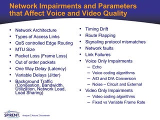 Network Impairments and Parameters
that Affect Voice and Video Quality

•   Network Architecture               •   Timing Drift
•   Types of Access Links              •   Route Flapping
•   QoS controlled Edge Routing        •   Signaling protocol mismatches
•   MTU Size                           •   Network faults
•   Packet Loss (Frame Loss)           •   Link Failures
•   Out of order packets               •   Voice Only Impairments
•   One Way Delay (Latency)                –   Echo

•   Variable Delays (Jitter)
                                           –   Voice coding algorithms
                                           –   A/D and D/A Conversion
•   Background Traffic
    (Congestion, Bandwidth,                –   Noise – Circuit and External
    Utilization, Network Load,
    Load Sharing)                      • Video Only Impairments
                                           – Video coding algorithms
                                           – Fixed vs Variable Frame Rate

       Analyze   Assure   Accelerate
 