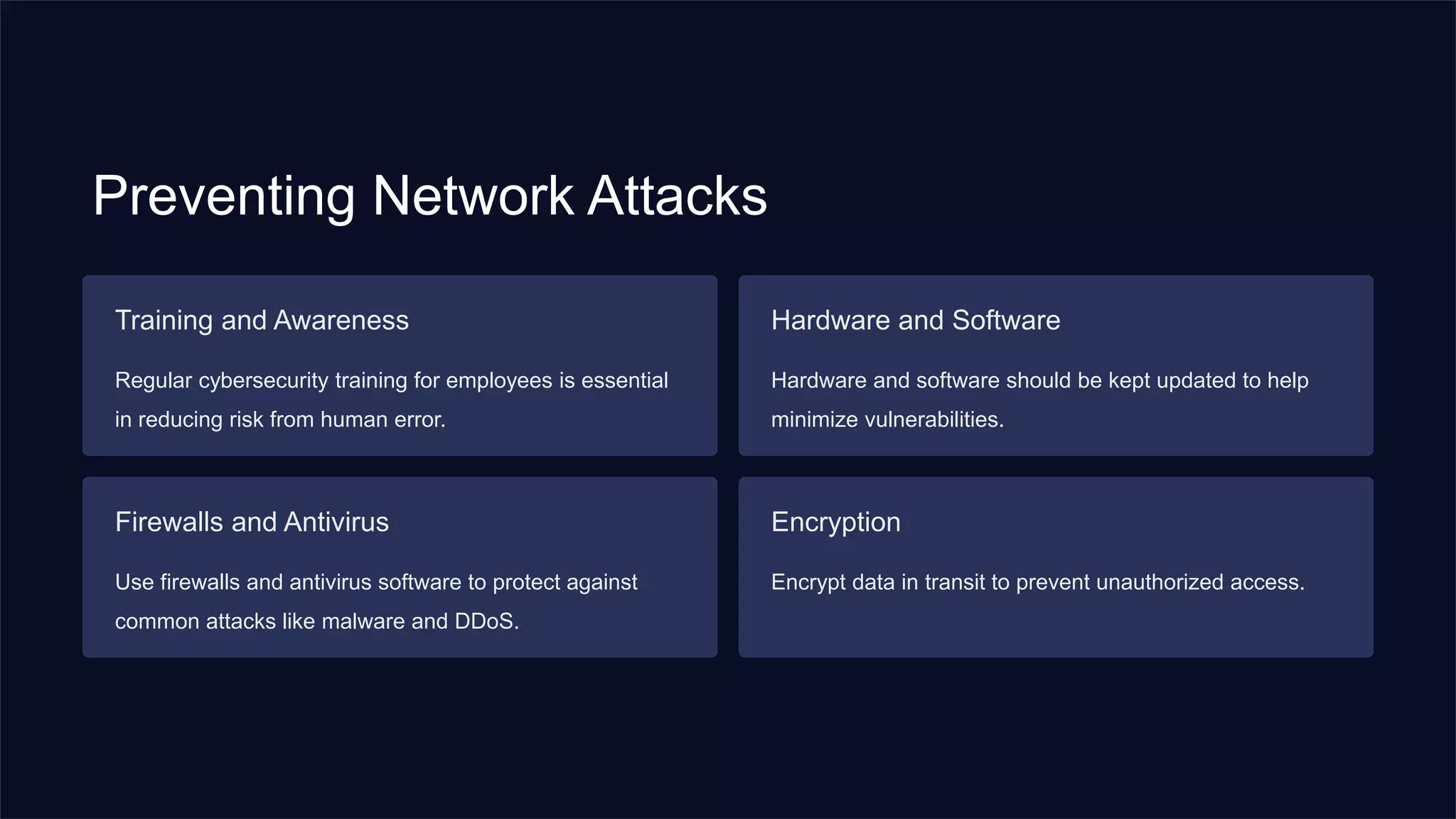 Preventing Network Attacks
Training and Awareness
Regular cybersecurity training for employees is essential
in reducing risk from human error.
Hardware and Software
Hardware and software should be kept updated to help
minimize vulnerabilities.
Firewalls and Antivirus
Use firewalls and antivirus software to protect against
common attacks like malware and DDoS.
Encryption
Encrypt data in transit to prevent unauthorized access.
 