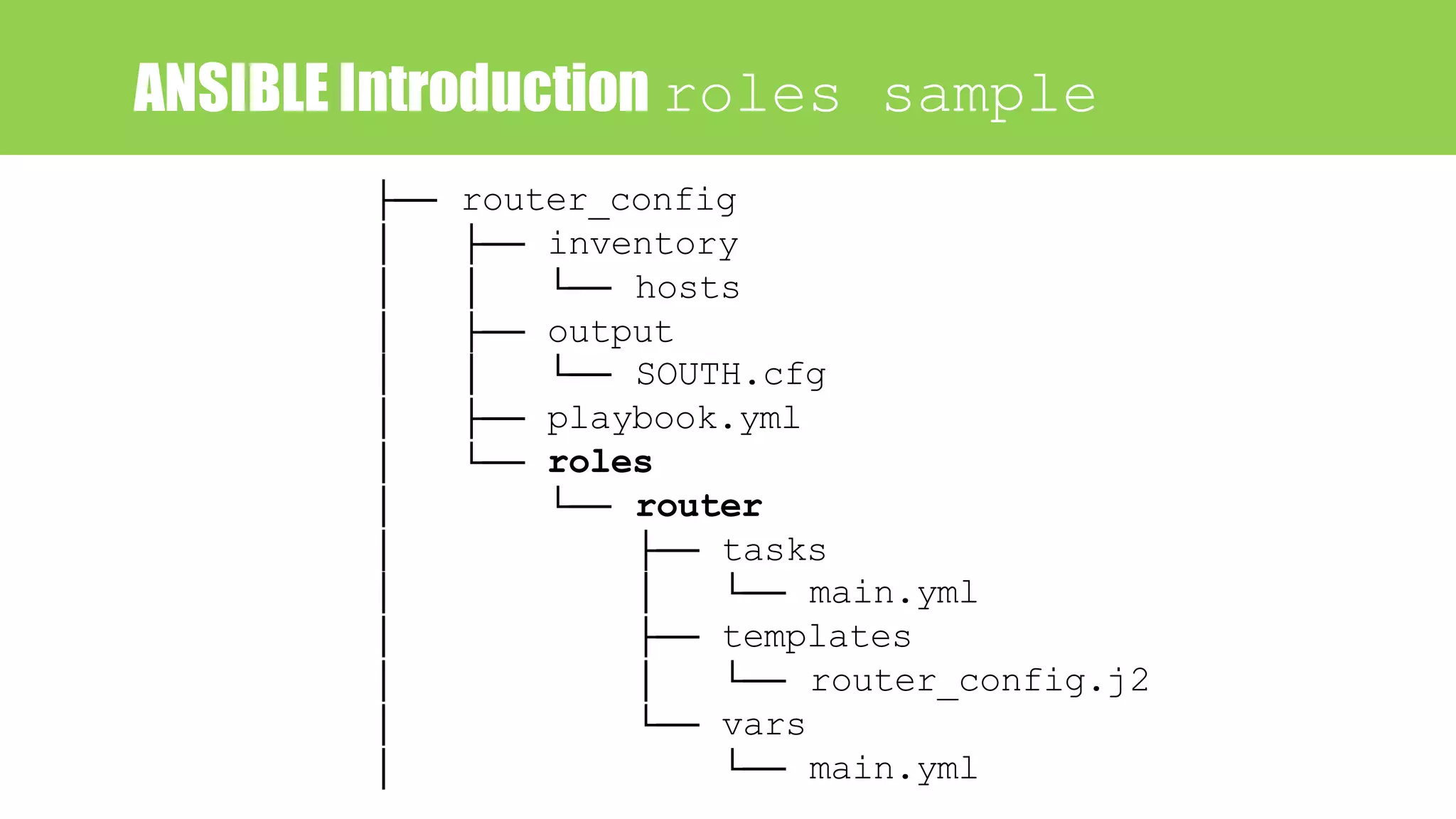 ANSIBLE Introduction roles sample
├── router_config
│ ├── inventory
│ │ └── hosts
│ ├── output
│ │ └── SOUTH.cfg
│ ├── playbook.yml
│ └── roles
│ └── router
│ ├── tasks
│ │ └── main.yml
│ ├── templates
│ │ └── router_config.j2
│ └── vars
│ └── main.yml
 