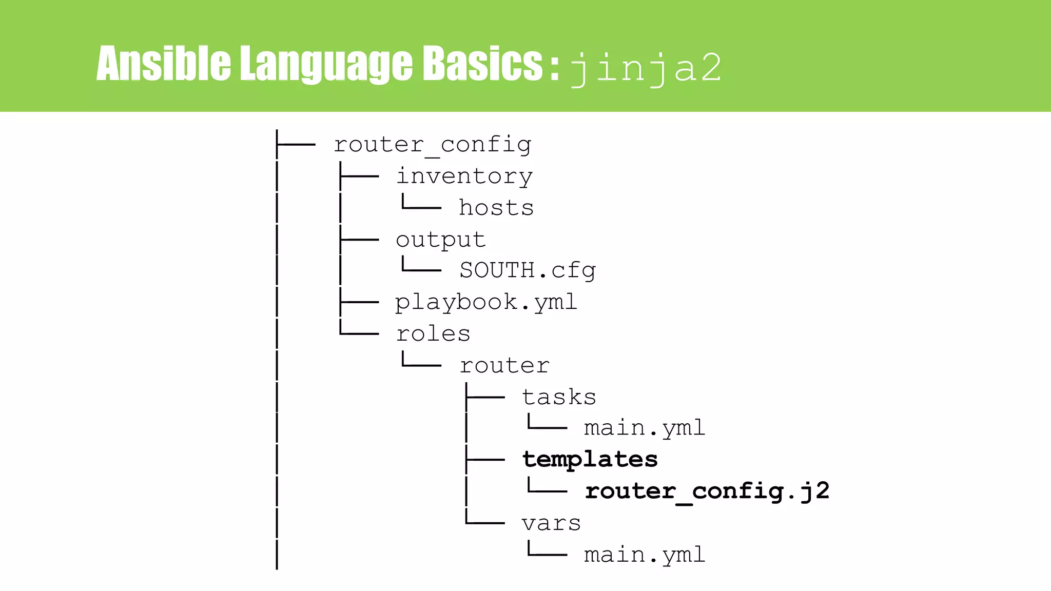 Ansible Language Basics : jinja2
├── router_config
│ ├── inventory
│ │ └── hosts
│ ├── output
│ │ └── SOUTH.cfg
│ ├── playbook.yml
│ └── roles
│ └── router
│ ├── tasks
│ │ └── main.yml
│ ├── templates
│ │ └── router_config.j2
│ └── vars
│ └── main.yml
 
