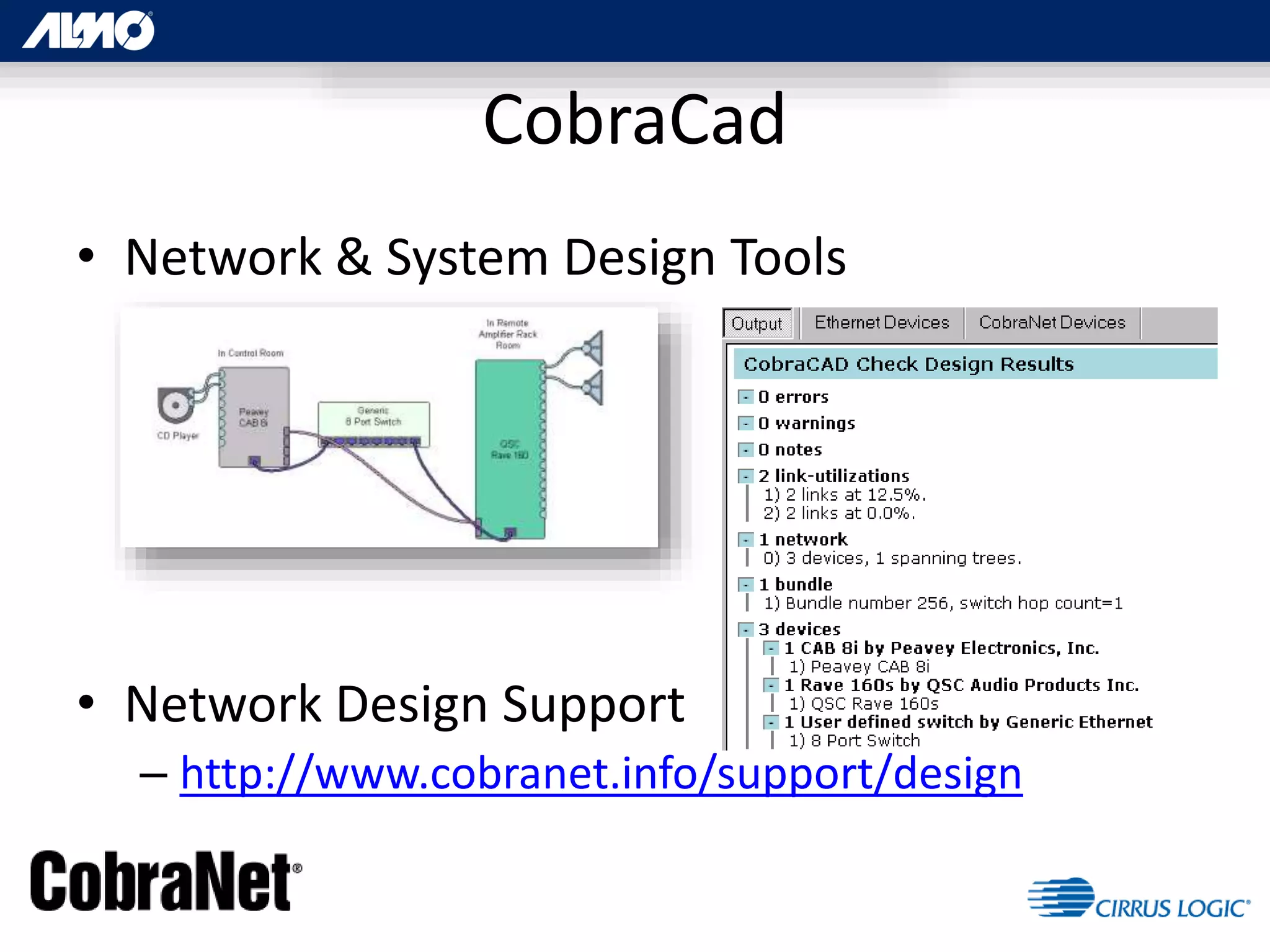 • Network & System Design Tools
• Network Design Support
– http://www.cobranet.info/support/design
CobraCad
 