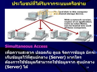 ประโยชน์ ประโยชน์ที่ได้รับจากระบบเครือข่าย Simultaneous Access เพื่อความสะดวก ปลอดภัย ดูแล จัดการข้อมูล มักจะเก็บข้อมูลไว้ที่ศูนย์กลาง  (Server)  หากใครต้องการใช้ข้อมูลก็สามารถใช้ข้อมูลจาก ศูนย์กลาง  (Server)  ได้ 