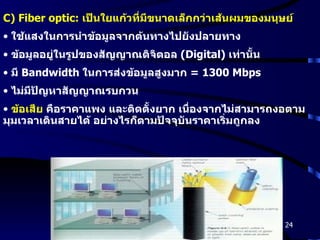 C) Fiber optic:  เป็นใยแก้วที่มีขนาดเล็กกว่าเส้นผมของมนุษย์   ใช้แสงในการนำข้อมูลจากต้นทางไปยังปลายทาง ข้อมูลอยู่ในรูปของสัญญาณดิจิตอล  ( Digital)  เท่านั้น มี  Bandwidth  ในการส่งข้อมูลสูงมาก  = 1300 Mbps   ไม่มีปัญหาสัญญาณรบกวน ข้อเสีย   คือราคาแพง และติดตั้งยาก เนื่องจากไม่สามารถงอตามมุมเวลาเดินสายได้ อย่างไรก็ตามปัจจุบันราคาเริ่มถูกลง 