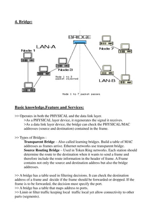 4. Bridge:
Basic knowledge,Feature and Services:
>> Operates in both the PHYSICAL and the data link layer.
>As a PHYSICAL layer device, it regenerates the signal it receives.
>As a data link layer device, the bridge can check the PHYSICAL/MAC
addresses (source and destination) contained in the frame.
>> Types of Bridges :
Transparent Bridge – Also called learning bridges. Build a table of MAC
addresses as frames arrive. Ethernet networks use transparent bridge.
Source Routing Bridge – Used in Token Ring networks. Each station should
determine the route to the destination when it wants to send a frame and
therefore include the route information in the header of frame. A Frame
contains not only the source and destination address but also the bridge
addresses.
>> A bridge has a table used in filtering decisions. It can check the destination
address of a frame and decide if the frame should be forwarded or dropped. If the
frame is to be forwarded, the decision must specify the port.
>> A bridge has a table that maps address to ports.
>> Limit or filter traffic keeping local traffic local yet allow connectivity to other
parts (segments).
 