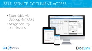 SELF-SERVICE DOCUMENT ACCESS
•Searchable via
desktop & mobile
•Assign security
permissions
 