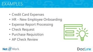 • Credit Card Expenses
• HR - New Employee Onboarding
• Expense Report Processing
• Check Request
• Purchase Requisition
• AP Check Review
EXAMPLES
 