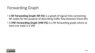 Forwarding Graph
• A NF Forwarding Graph (NF-FG) is a graph of logical links connecting
NF nodes for the purpose of describing traffic flow between these NFs
• A VNF Forwarding Graph (VNF-FG) is a NF-forwarding graph where at
least one node is a VNF
12/80
 