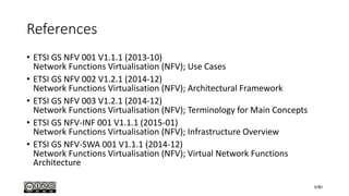 References
• ETSI GS NFV 001 V1.1.1 (2013-10)
Network Functions Virtualisation (NFV); Use Cases
• ETSI GS NFV 002 V1.2.1 (2014-12)
Network Functions Virtualisation (NFV); Architectural Framework
• ETSI GS NFV 003 V1.2.1 (2014-12)
Network Functions Virtualisation (NFV); Terminology for Main Concepts
• ETSI GS NFV-INF 001 V1.1.1 (2015-01)
Network Functions Virtualisation (NFV); Infrastructure Overview
• ETSI GS NFV-SWA 001 V1.1.1 (2014-12)
Network Functions Virtualisation (NFV); Virtual Network Functions
Architecture
3/80
 