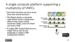 A single compute platform supporting a
multiplicity of VNFCs
• One host function can host more
than one virtual function.
• The figure shows a compute
node which hosts a hypervisor
able to host many virtual
machines (VMs), each of which
can host a VNF.
• A single VNF hosted directly on a
single VM (a one to one
mapping) is called a VNF
Component (VNFC).
59/80
 