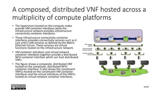 A composed, distributed VNF hosted across a
multiplicity of compute platforms
• The hypervisors hosted on the compute nodes
provide VM container interfaces while the
infrastructure network provides infrastructure
connectivity container interfaces.
• These infrastructure connectivity container
interfaces provides connectivity services such as E-
Line and E-LAN services as defined by the Metro
Ethernet Forum. These services are virtual
functions hosted on the infrastructure network.
• VM container interfaces and virtual network
container interfaces together provide a distributed
NFVI container interface which can host distributed
VNFs.
• The figure shows a composite, distributed VNF
hosted on the composite, distributed NFVI
container interface. It also shows the constituent
VNFCs hosted on the constituent VM container
interfaces and the virtual interfaces of the VNFCs
hosted on virtual network container interfaces.
60/80
 