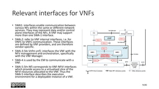 Relevant interfaces for VNFs
• SWA1: interfaces enable communication between
various NFs within the same or different network
services. They may represent data and/or control
plane interfaces of the NFs. A VNF may support
more than one SWA-1 interface.
• SWA-2: refer to VNF internal interfaces, i.e. for
VNFC to VNFC communication. These interfaces
are defined by VNF providers, and are therefore
vendor-specific.
• SWA-3 (Ve-Vnfm-vnf): interfaces the VNF with the
NFV management and orchestration, specifically
with the VNF Manager.
• SWA-4 is used by the EM to communicate with a
VNF.
• SWA-5 (Vn-Nf) corresponds to VNF-NFVI interfaces
which provide access to a virtualised slice of the
NFVI resources allocated to the VNF. Thus the
SWA-5 interface describes the execution
environment for a deployable instance of a VNF.
70/80
 