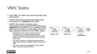 VNFC States
• Each VNFC of a VNF may need to handle state
information.
• A VNFC that does not have to handle state
information is a stateless VNFC (left).
• A VNFC that needs to handle state
information may be implemented either as a
stateful VNFC (middle) or as a stateless VNFC
with external state (i.e. state data is held in a
data repository external to the VNFC, right).
• Statefulness will create another level of
complexity, e.g. a session (transaction)
consistency has to be preserved and has to be
taken into account in procedures such as load
balancing.
• The data repository holding the externalized
state may itself be a stateful VNFC in the same
VNF.
• The data repository holding the externalized
state may be an external VNF.
73/80
 
