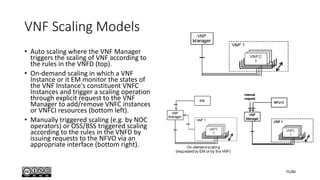 VNF Scaling Models
• Auto scaling where the VNF Manager
triggers the scaling of VNF according to
the rules in the VNFD (top).
• On-demand scaling in which a VNF
Instance or it EM monitor the states of
the VNF Instance's constituent VNFC
Instances and trigger a scaling operation
through explicit request to the VNF
Manager to add/remove VNFC instances
or VNFCI resources (bottom left).
• Manually triggered scaling (e.g. by NOC
operators) or OSS/BSS triggered scaling
according to the rules in the VNFD by
issuing requests to the NFVO via an
appropriate interface (bottom right).
75/80
 