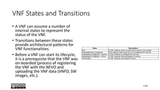 VNF States and Transitions
• A VNF can assume a number of
internal states to represent the
status of the VNF.
• Transitions between these states
provide architectural patterns for
VNF functionalities.
• Before a VNF can start its lifecycle,
it is a prerequisite that the VNF was
on-boarded (process of registering
the VNF with the NFVO and
uploading the VNF data (VNFD, SW
images, etc.).
77/80
 