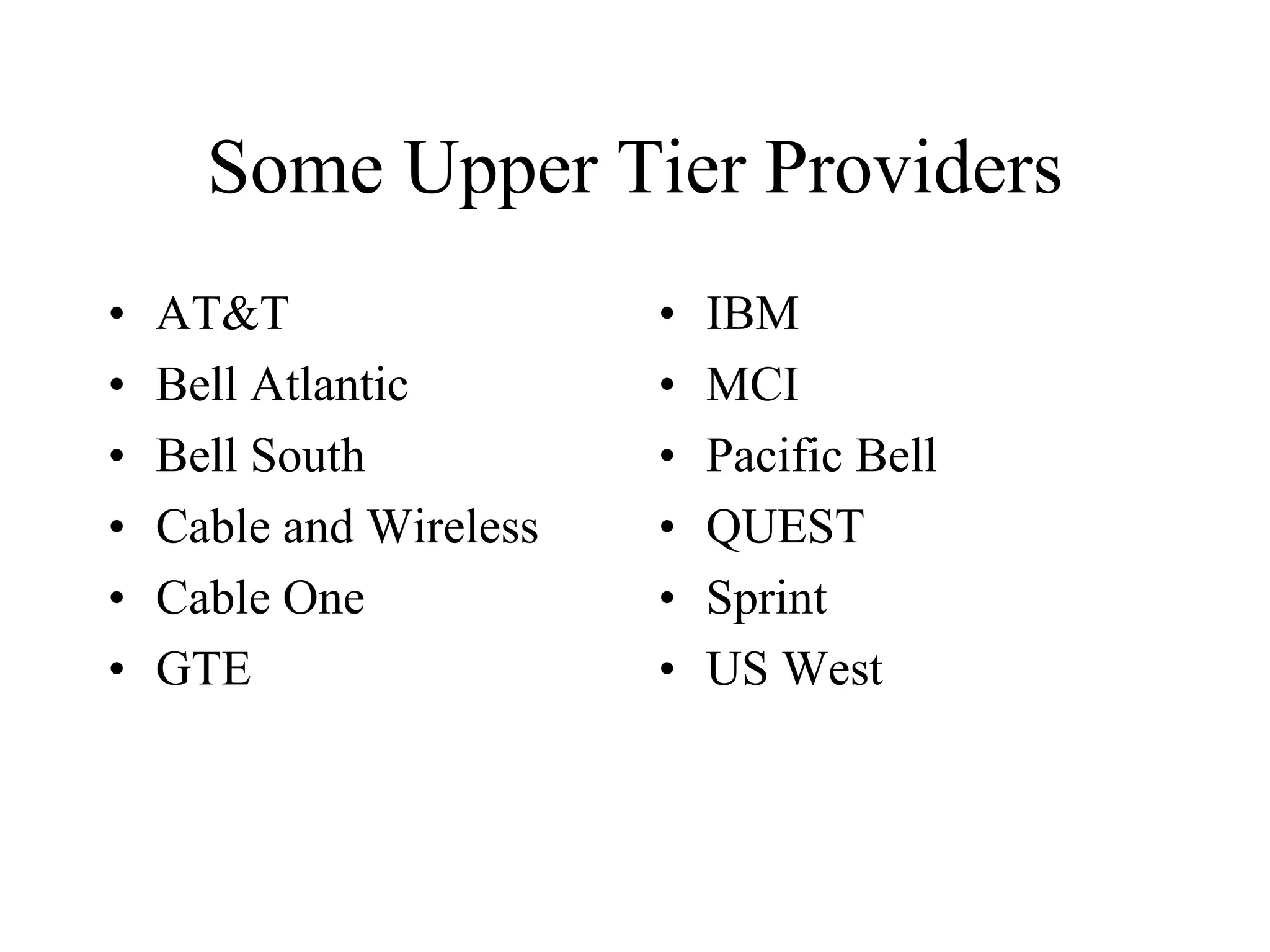 Some Upper Tier Providers
• AT&T
• Bell Atlantic
• Bell South
• Cable and Wireless
• Cable One
• GTE
• IBM
• MCI
• Pacific Bell
• QUEST
• Sprint
• US West
 