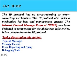 21.13
21-2 ICMP
21-2 ICMP
The IP protocol has no error-reporting or error-
The IP protocol has no error-reporting or error-
correcting mechanism. The IP protocol also lacks a
correcting mechanism. The IP protocol also lacks a
mechanism for host and management queries. The
mechanism for host and management queries. The
Internet Control Message Protocol (ICMP)
Internet Control Message Protocol (ICMP) has been
has been
designed to compensate for the above two deficiencies.
designed to compensate for the above two deficiencies.
It is a companion to the IP protocol.
It is a companion to the IP protocol.
Types of Messages
Message Format
Error Reporting and Query
Debugging Tools
Topics discussed in this section:
Topics discussed in this section:
 