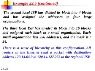 22.20
The second local ISP has divided its block into 4 blocks
and has assigned the addresses to four large
organizations.
Example 22.5 (continued)
There is a sense of hierarchy in this configuration. All
routers in the Internet send a packet with destination
address 120.14.64.0 to 120.14.127.255 to the regional ISP.
The third local ISP has divided its block into 16 blocks
and assigned each block to a small organization. Each
small organization has 256 addresses, and the mask is /
24.
 