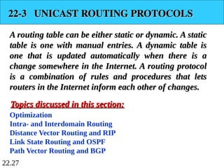 22.27
22-3 UNICAST ROUTING PROTOCOLS
22-3 UNICAST ROUTING PROTOCOLS
A routing table can be either static or dynamic. A static
A routing table can be either static or dynamic. A static
table is one with manual entries. A dynamic table is
table is one with manual entries. A dynamic table is
one that is updated automatically when there is a
one that is updated automatically when there is a
change somewhere in the Internet. A routing protocol
change somewhere in the Internet. A routing protocol
is a combination of rules and procedures that lets
is a combination of rules and procedures that lets
routers in the Internet inform each other of changes.
routers in the Internet inform each other of changes.
Optimization
Intra- and Interdomain Routing
Distance Vector Routing and RIP
Link State Routing and OSPF
Path Vector Routing and BGP
Topics discussed in this section:
Topics discussed in this section:
 