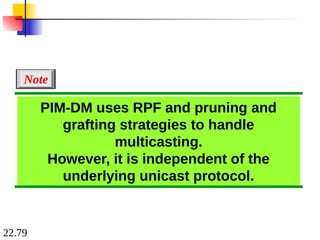 22.79
PIM-DM uses RPF and pruning and
grafting strategies to handle
multicasting.
However, it is independent of the
underlying unicast protocol.
Note
 