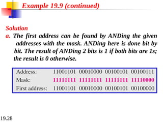 19.28
Solution
a. The first address can be found by ANDing the given
addresses with the mask. ANDing here is done bit by
bit. The result of ANDing 2 bits is 1 if both bits are 1s;
the result is 0 otherwise.
Example 19.9 (continued)
 