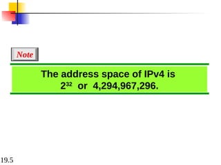 19.5
The address space of IPv4 is
232
or 4,294,967,296.
Note
 