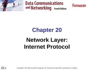 20.1
Chapter 20
Network Layer:
Internet Protocol
Copyright © The McGraw-Hill Companies, Inc. Permission required for reproduction or display.
 