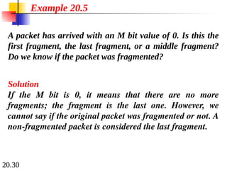 20.30
A packet has arrived with an M bit value of 0. Is this the
first fragment, the last fragment, or a middle fragment?
Do we know if the packet was fragmented?
Solution
If the M bit is 0, it means that there are no more
fragments; the fragment is the last one. However, we
cannot say if the original packet was fragmented or not. A
non-fragmented packet is considered the last fragment.
Example 20.5
 