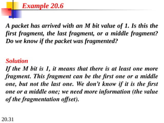 20.31
A packet has arrived with an M bit value of 1. Is this the
first fragment, the last fragment, or a middle fragment?
Do we know if the packet was fragmented?
Solution
If the M bit is 1, it means that there is at least one more
fragment. This fragment can be the first one or a middle
one, but not the last one. We don’t know if it is the first
one or a middle one; we need more information (the value
of the fragmentation offset).
Example 20.6
 