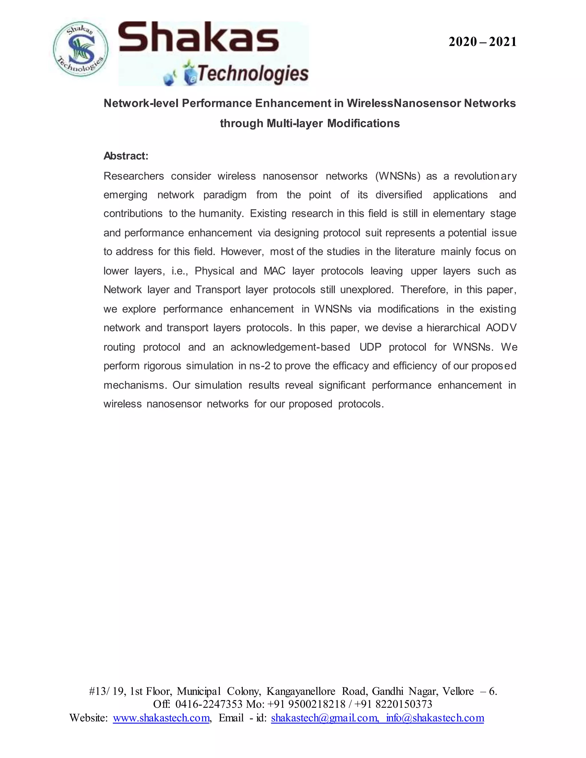 Network level performance enhancement in wireless nanosensor networks