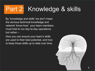 Part 2: Knowledge & skills
By ‘knowledge and skills’ we don’t mean
the obvious technical knowledge and
network ‘know-how’ your team members
must hold to run day-to-day operations,
but rather –
How you can ensure your team’s skills
are used to their best potential, and how
to keep those skills up to date over time.




                     Tweet This Guide   Share on facebook   Share on LinkedIn
                                                                                9
 