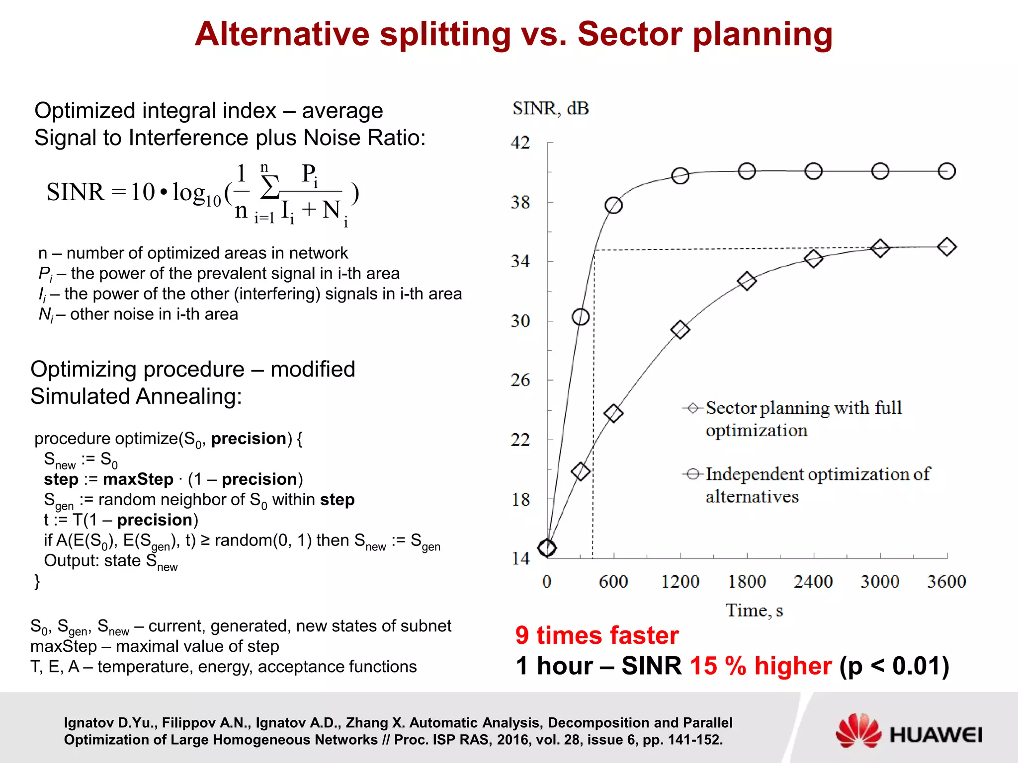 Alternative splitting vs. Sector planning
n – number of optimized areas in network
Pi – the power of the prevalent signal in i-th area
Ii – the power of the other (interfering) signals in i-th area
Ni – other noise in i-th area
Optimized integral index – average
Signal to Interference plus Noise Ratio:
)
N+I
P
n
1
(log•10=SINR ∑
n
1=i ii
i
10
Optimizing procedure – modified
Simulated Annealing:
procedure optimize(S0, precision) {
Snew := S0
step := maxStep ∙ (1 – precision)
Sgen := random neighbor of S0 within step
t := T(1 – precision)
if A(E(S0), E(Sgen), t) ≥ random(0, 1) then Snew := Sgen
Output: state Snew
}
S0, Sgen, Snew – current, generated, new states of subnet
maxStep – maximal value of step
T, E, A – temperature, energy, acceptance functions
9 times faster
1 hour – SINR 15 % higher (p < 0.01)
Ignatov D.Yu., Filippov A.N., Ignatov A.D., Zhang X. Automatic Analysis, Decomposition and Parallel
Optimization of Large Homogeneous Networks // Proc. ISP RAS, 2016, vol. 28, issue 6, pp. 141-152.
 