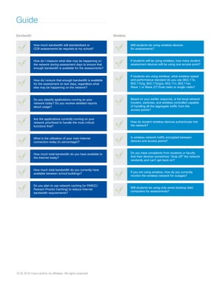Guide
Based on your earlier response, is the local network
(routers, switches, and wireless controller) capable
of handling all the aggregate traffic from the
access points?
How do student wireless devices authenticate into
the network?
Is wireless network traffic encrypted between
devices and access points?
Do you have complaints from students or faculty
that their devices sometimes “drop off” the network
randomly and can’t get back on?
Will students be using only wired desktop (lab)
computers for assessments?
If you are using wireless, how do you currently
monitor the wireless network for outages?
Will students be using wireless devices
for assessments?
If students will be using wireless, how many student
assessment devices will be using one access point?
If students are using wireless, what wireless speed
and performance standard do you use (802.11b,
802.11b/g, 802.11b/g/a, 802.11n, 802.11ac
Wave 1 or Wave 2)? Dual-radio or single-radio?
Wireless
How much bandwidth will standardized or
CCR assessments be required at my school?
How do I measure what else may be happening on
the network during assessment days to ensure that
enough bandwidth is available for the assessments?
How do I ensure that enough bandwidth is available
for the assessment on test days, regardless what
else may be happening on the network?
Do you classify applications running on your
network today? Do you receive detailed reports
about usage?
Are the applications currently running on your
network prioritized to handle the most critical
functions first?
What is the utilization of your main Internet
connection today (in percentage)?
How much total bandwidth do you have available to
the Internet today?
How much total bandwidth do you currently have
available between school buildings?
Do you plan to use network caching (or PARCC/
Pearson Proctor Caching) to reduce Internet
bandwidth requirements?
Bandwidth
10	© 2016 Cisco and/or its affiliates. All rights reserved.
 