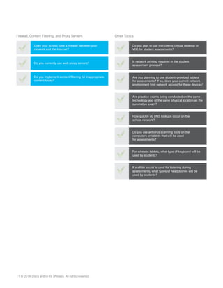 Do you plan to use thin clients (virtual desktop or
VDI) for student assessments?
Is network printing required in the student
assessment process?
Are you planning to use student-provided tablets
for assessments? If so, does your current network
environment limit network access for these devices?
For wireless tablets, what type of keyboard will be
used by students?
If audible sound is used for listening during
assessments, what types of headphones will be
used by students?
Other Topics
Are practice exams being conducted on the same
technology and at the same physical location as the
summative exam?
How quickly do DNS lookups occur on the
school network?
Do you use antivirus scanning tools on the
computers or tablets that will be used
for assessments?
Does your school have a firewall between your
network and the Internet?
Do you currently use web proxy servers?
Do you implement content filtering for inappropriate
content today?
Firewall, Content Filtering, and Proxy Servers
11	© 2016 Cisco and/or its affiliates. All rights reserved.
 