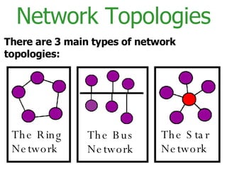 Network Topologies There are 3 main types of network topologies: The Ring Network The Bus Network The Star Network 